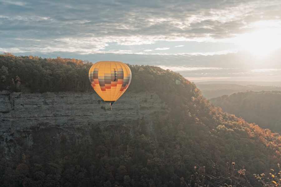 Hot air balloon at sunrise over Letchworth State Park New York