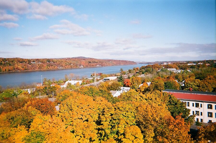 Hudson River Valley in autumn, viewed across rolling hills