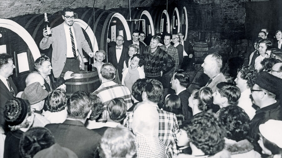 Brotherhood Winery cellar tour group with guide