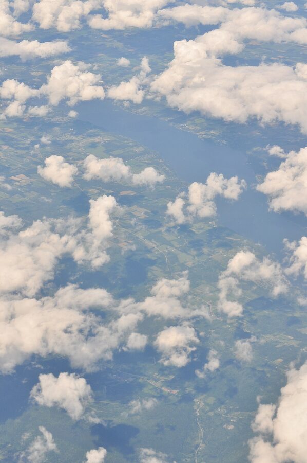 Aerial view of Canandaigua Lake from the west showing vineyard land
