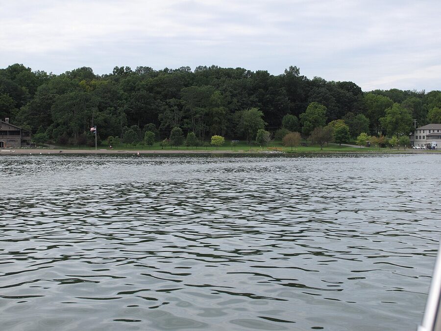 Cayuga Lake State Park sign and lakeshore