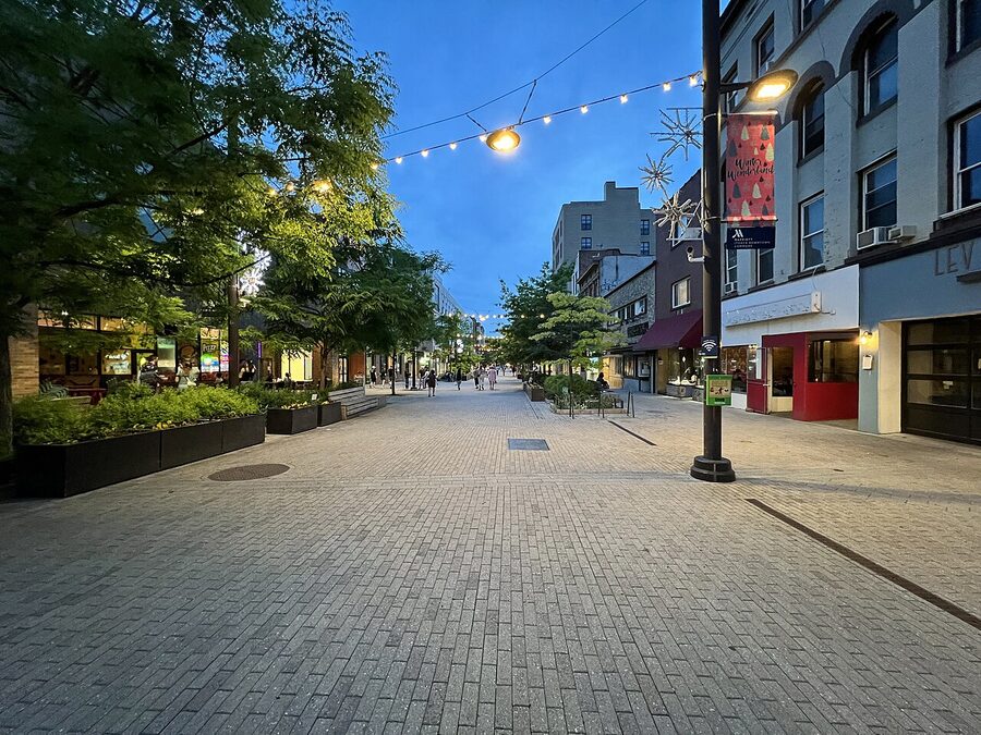 Ithaca Commons pedestrian mall in the evening