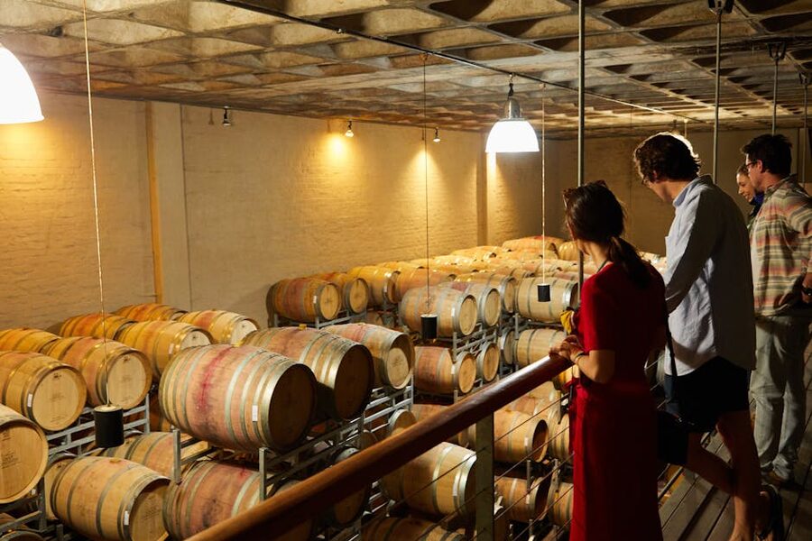 Group inspecting wine barrels in a tasting room