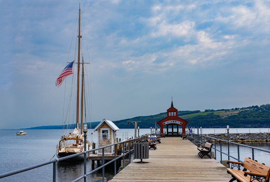 Boardwalk and sailboats at Seneca Lake, Watkins Glen, NY