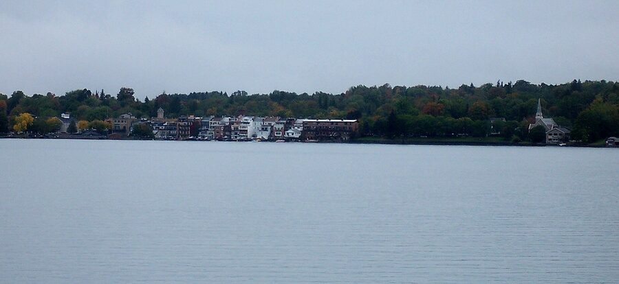 View of Skaneateles village from the lake with church spires