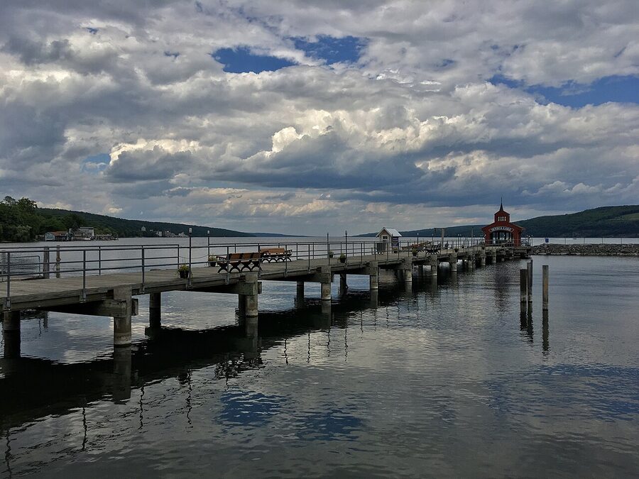 Seneca Harbor at Watkins Glen with boats and the southern end of Seneca Lake