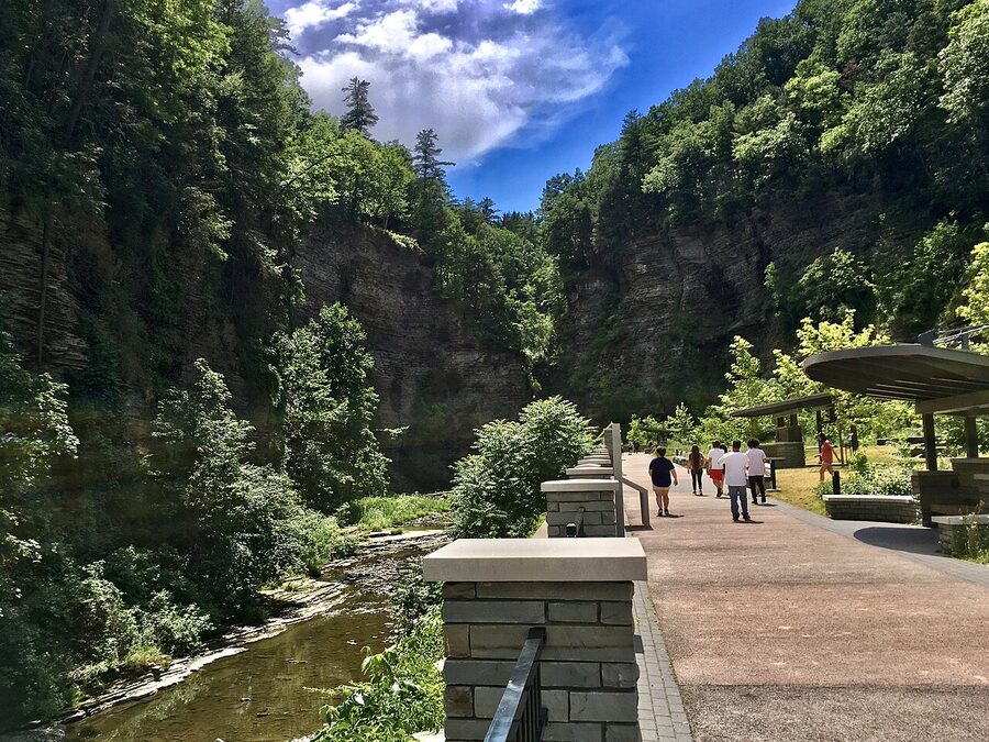 Watkins Glen State Park gorge with stone bridge and waterfall