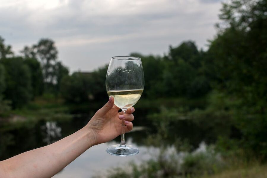 Wine glass held outdoors near a lake at a vineyard