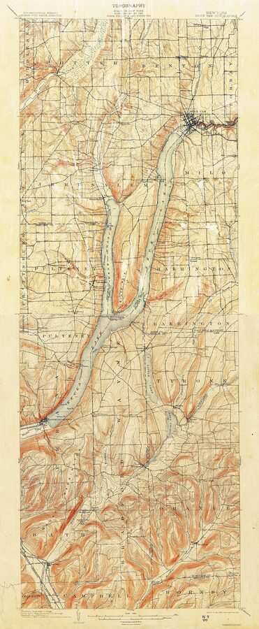 Topographical map of Keuka Lake showing its Y shape