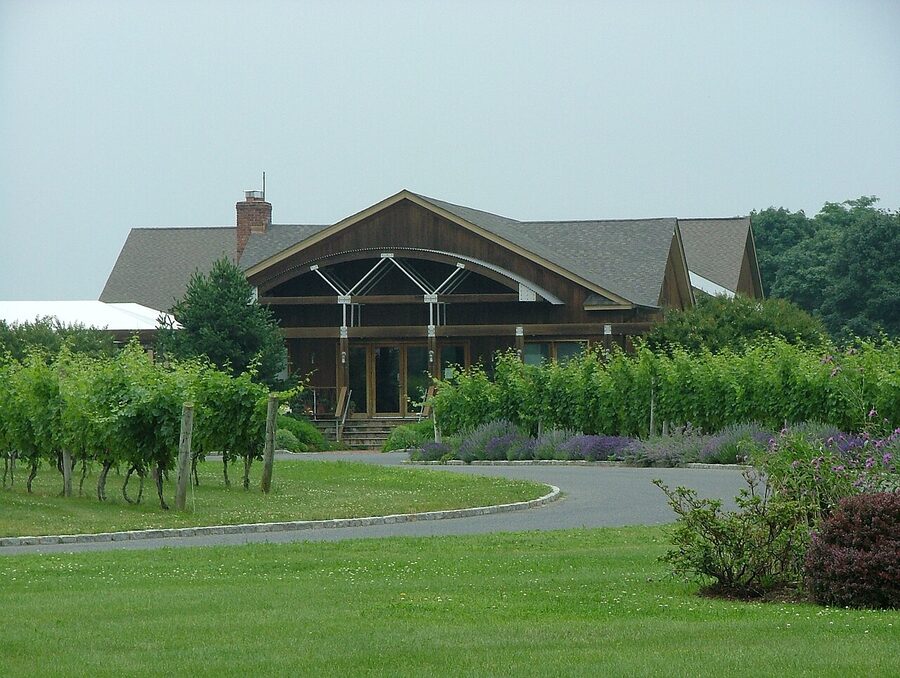 Long Island winery with rows of vines and tasting building