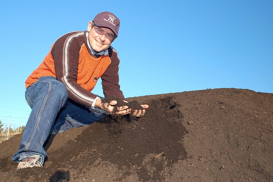 A biodynamic vineyard compost pile, the same approach Macari uses with cattle manure, fish heads and coffee grounds