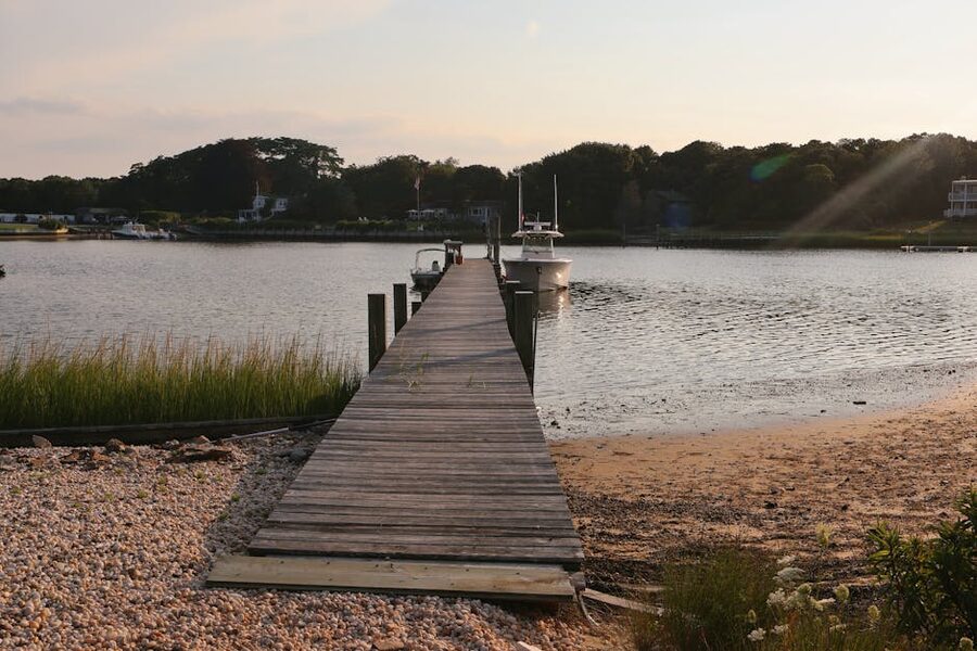 A wooden pier at sunset in Hampton Bays, Long Island