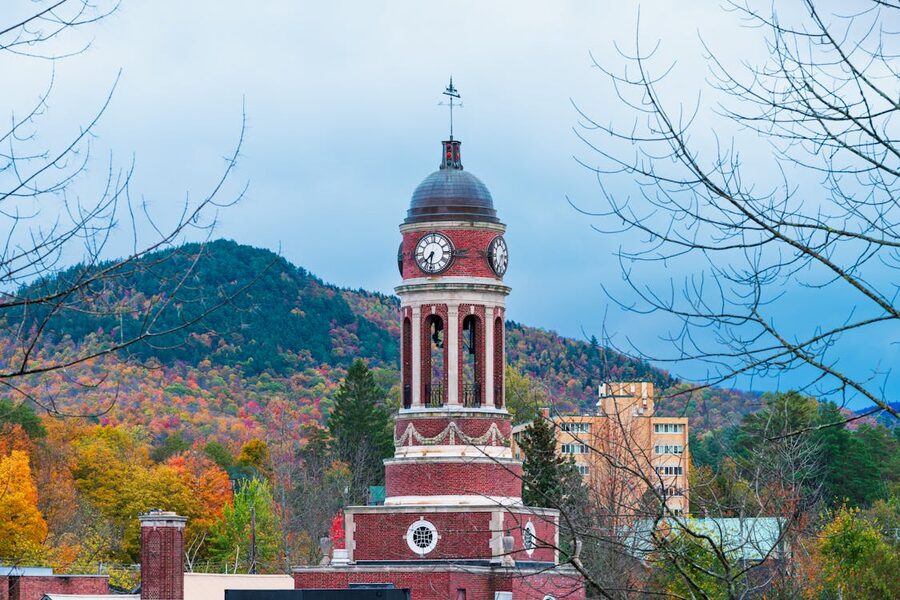 Autumn foliage in upstate New York around a clock tower