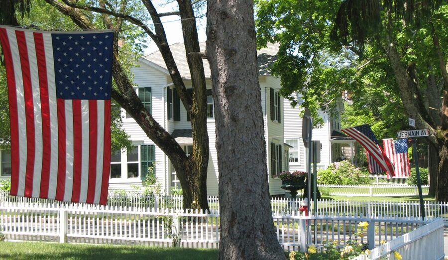 Sag Harbor Main Street with American flags