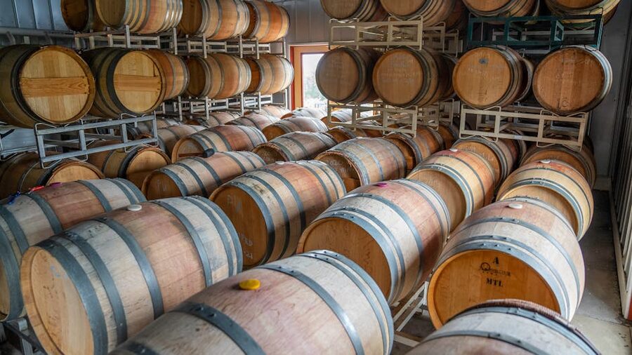 Wine barrels in a winery cellar