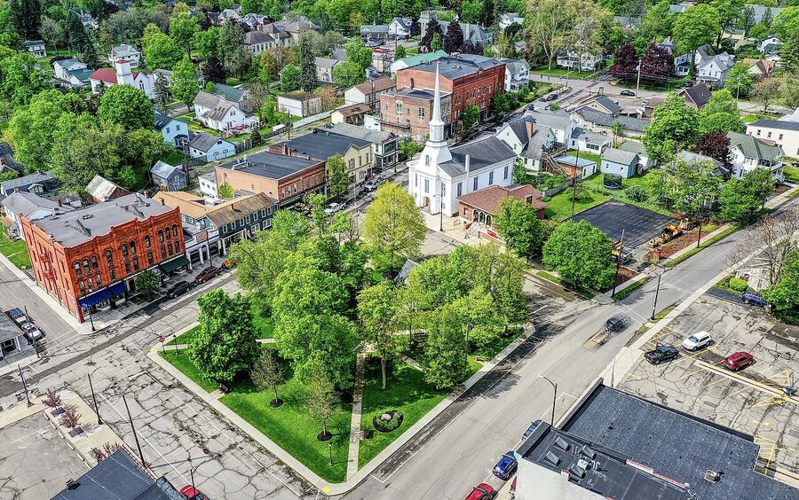 The Village of Hammondsport, NY seen from above with Keuka Lake in the background