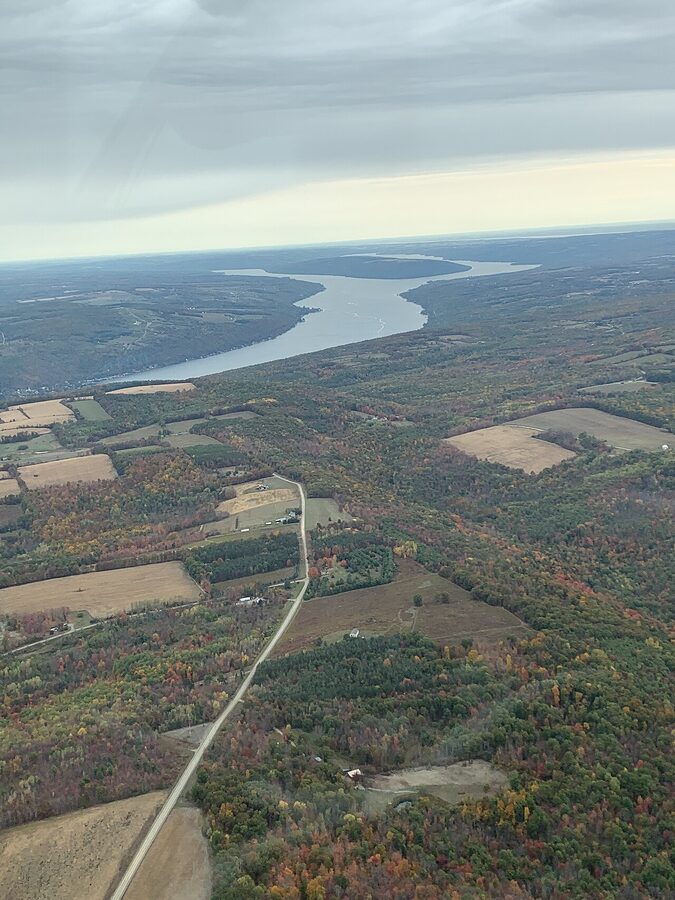 Aerial view of Keuka Lake showing the unusual Y-shape