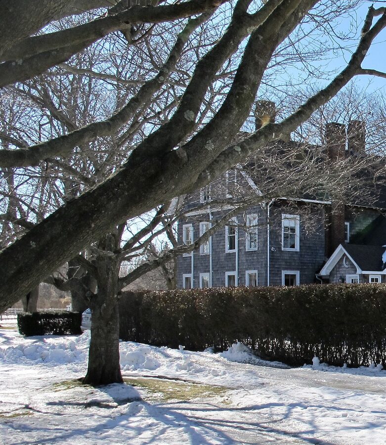 A traditional Sagaponack farmhouse on Parsonage Lane in winter